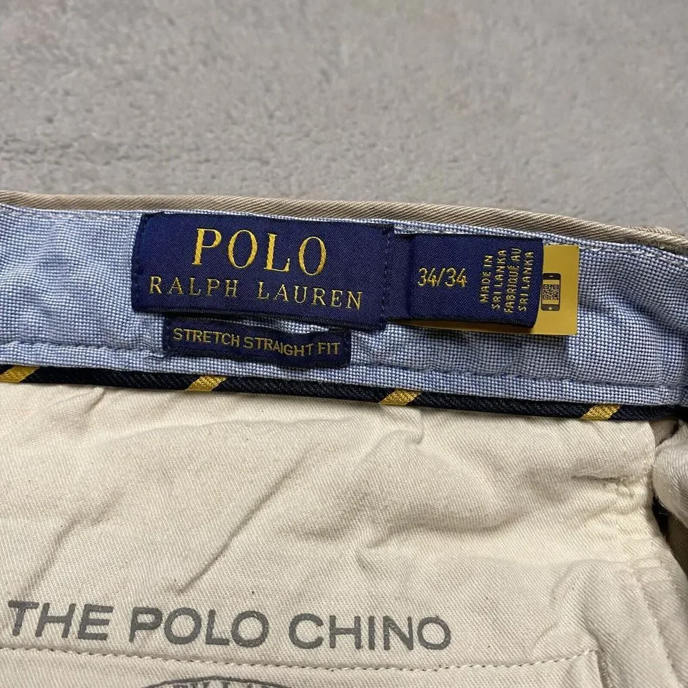 Polo Ralph Lauren Chino Pants Mens 34x33 Khaki Straight Fit‎ Stretch Preppy